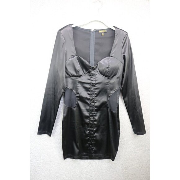 Kaylee Kollection Dresses & Skirts - Kaylee Kollection Long Sleeve Black Satin Cut-Out Dress-Large-Whimsigoth-Goth